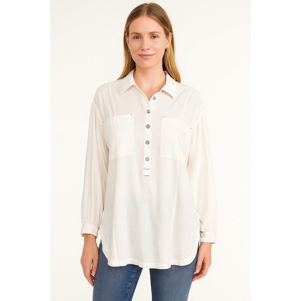 Free People Oversized Tunic Top Size Small White Linen Blend Balloon Sleeve Boho
